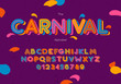 Vector carnival font and alphabet. Hand lettering for banner, poster, invitation template, greeting card