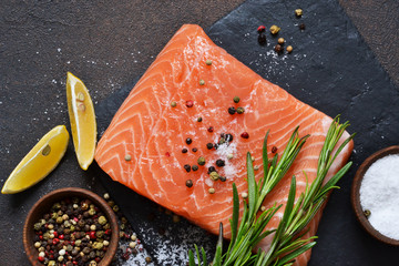 Raw fish salmon filet prepared for cooking. View from above.