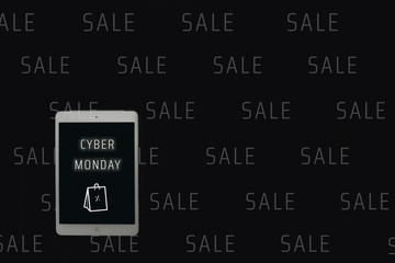 Cyber Monday flat lay on black. Sale.