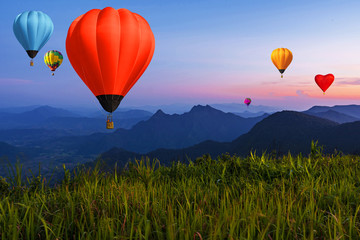 Balloon on twilight sky over high mountains viewpoint at sunset