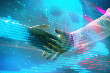 Wall Mural - Multi exposure of hacking drawing on abstract background with two men handshake. Concept of data cyberpiracy