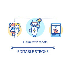 Sticker - Future with robots concept icon. AI in service of humanity. Smart technology in medicine and entertainment. Bioengineering idea thin line illustration. Vector isolated outline drawing. Editable stroke