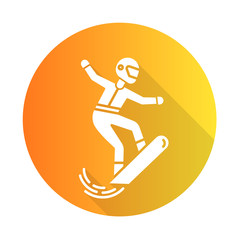 Canvas Print - Snowboarding orange flat design long shadow glyph icon. Winter extreme sport, risky activity and adventure. Cold season outdoor dangerous leisure and hobby. Snowboarder. Vector silhouette illustration