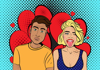 Poster for Valentine's day. Pop art woman with  a man. Illustration in comic style retro pop art. Invitation to a party. Face close-up.