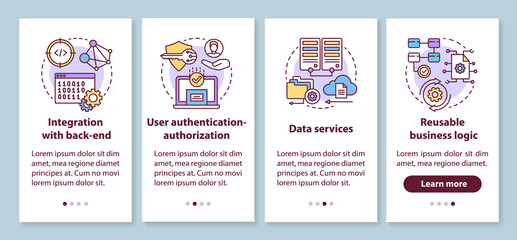 Software development onboarding mobile app page screen with linear concepts. Integration with back-end walkthrough 4 steps graphic instructions. UX, UI, GUI vector template with illustrations