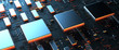 Leinwandbild Motiv Printed circuit board futuristic server/Circuit board futuristic server code processing. Orange,  green, blue technology background with bokeh. 3d rendering