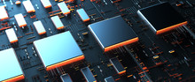 Printed Circuit Board Futuristic Server/Circuit Board Futuristic Server Code Processing. Orange,  Green, Blue Technology Background With Bokeh. 3d Rendering