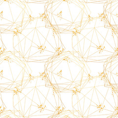 Wall Mural - Seamless geometric pattern on white background with paint splashes. Abstract gold polygonal geometric shapes / crystals, golden glitter triangles, geometric, diamond shapes.