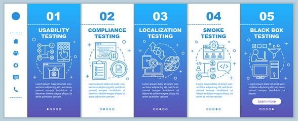Usability testing blue onboarding mobile web pages vector template. Responsive smartphone website interface idea with linear illustrations. Webpage walkthrough step screens. Color concept