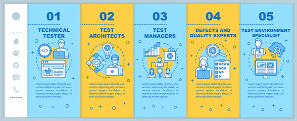 Software testers onboarding mobile web pages vector template. Analysis experts. Responsive smartphone website interface idea with linear illustrations. Webpage walkthrough step screens. Color concept