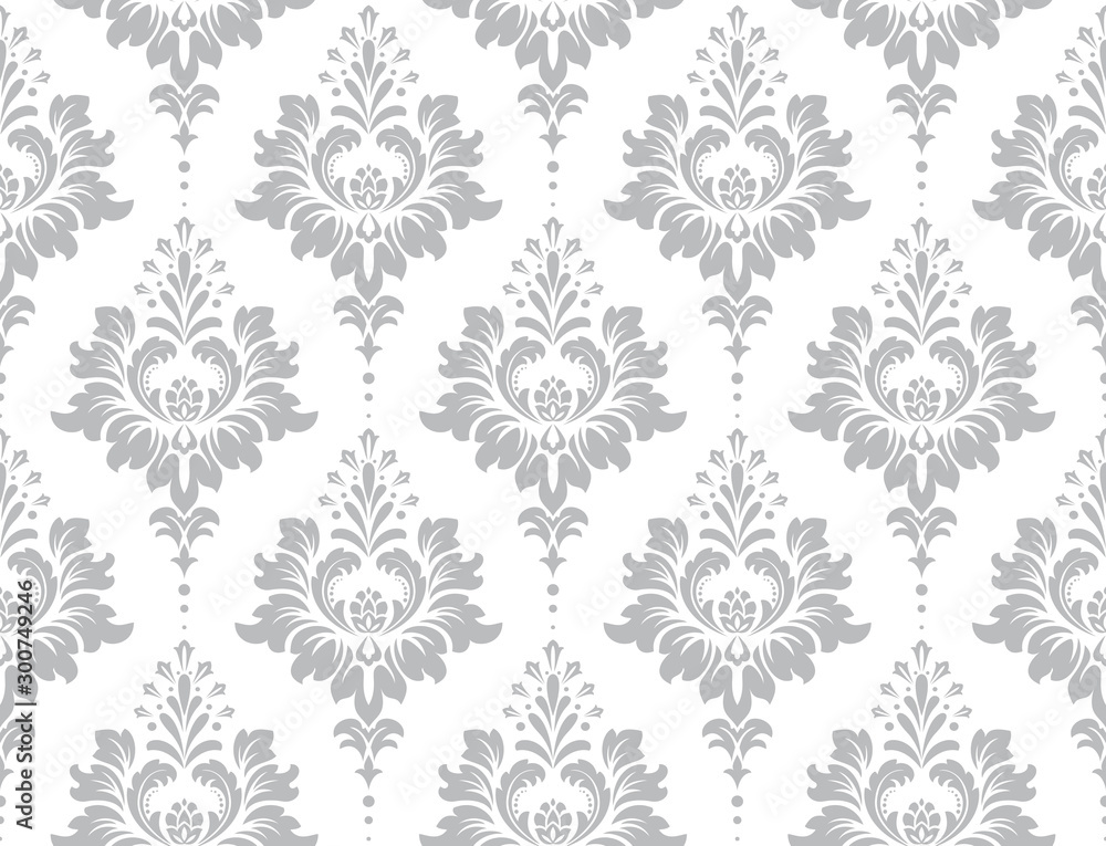 Wallpaper in the style of Baroque. Seamless vector background. White and grey floral ornament. Graphic pattern for fabric, wallpaper, packaging. Ornate Damask flower ornament. - obrazy, fototapety, plakaty 