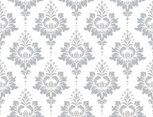 Wallpaper In The Style Of Baroque. Seamless Vector Background. White And Grey Floral Ornament. Graphic Pattern For Fabric, Wallpaper, Packaging. Ornate Damask Flower Ornament.