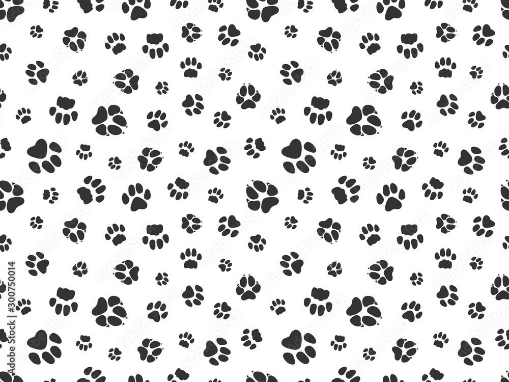 Pet paw pattern. Animal background with god cat paws. Pet steps seamless texture. Seamless footstep pattern, pet paw, animal dog and cat illustration - obrazy, fototapety, plakaty 