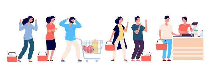 Canvas Print - Angry people queue. Dissatisfied and tired customers standing in supermarket line, scream and swear by purchasing. Vector concept. Illustration people queue angry, customer hysteria