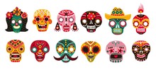 Dead Day Skulls. Mexican Sugar Human Head Bones Halloween Tattoo Dia De Los Muertos Vector Set. Illustration Death Head, Halloween Human Head, Mexico Pattern Colorful