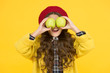 © be free - Eating apples improve learning. Small child hold apples yellow background. Little girl have fun with green apples. Fruit and vitamin. Apples are in season. School time. Autumn