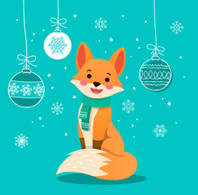Christmas Vector Greeting Card With Cartoon Fox With Baubles And Snowflake On Blue Background.