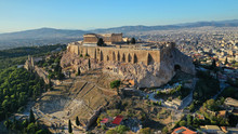 Aerial Birds Eye View Photo Taken By Drone Of Iconic Acropolis Hill And The Masterpiece Of Ancient World The Parthenon And Dionysus Theatre, Athens Historic Centre, Attica, Greece