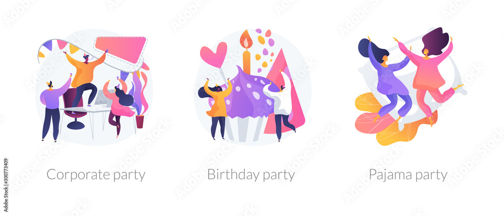 Office celebration, anniversary congratulations, girlfriends sleepover icons set. Corporate party, birthday party, pajama party metaphors. Vector isolated concept metaphor illustrations - obrazy, fototapety, plakaty 