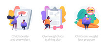Unhealthy Lifestyle, Vegetarian Diet Icons Set. Child Obesity And Overweight, Overweight Kids Training Plan, Childrens Weight Loss Program Metaphors. Vector Isolated Concept Metaphor Illustrations