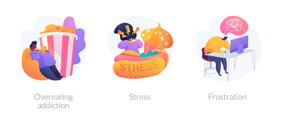 Sticker - Obesity and unhealthy nutrition, anxiety and panic attack, psychological problem icons set. Overeating addiction, stress, frustration metaphors. Vector isolated concept metaphor illustrations