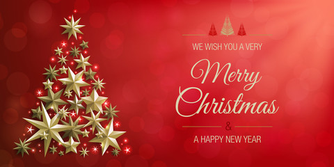 Wall Mural - christmas stars tree golden on shiny red bokeh abstract vector background