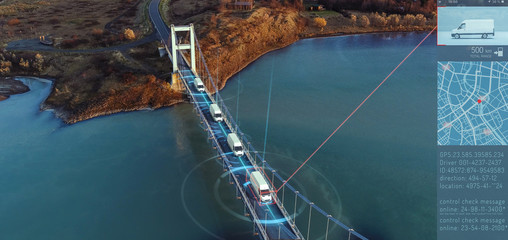 Autonomous Electric Van semi truck car driving on a highway with technology assistant tracking information