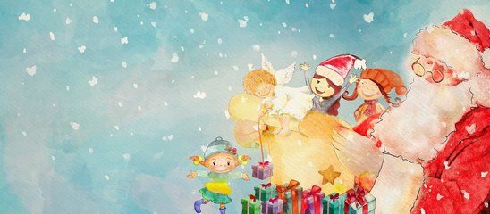 Christmas angel,Santa Claus and children. Watercolor banner