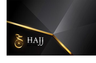 Wall Mural - The word hajj in Arabic and the word hajj in English. Placed on a black background with gold lines overlapping. The black background that looks like a kaaba cloth cover on house of Allah