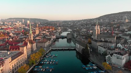 Fototapete - Aerial cityscape flythrough video of Zurich and River Limmat at Sunrise, Switzerland