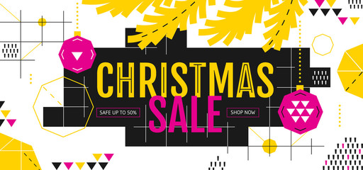 Wall Mural - christmas sale banner in the style of the 80s with geometric shapes, pink balls and fir branches. ve