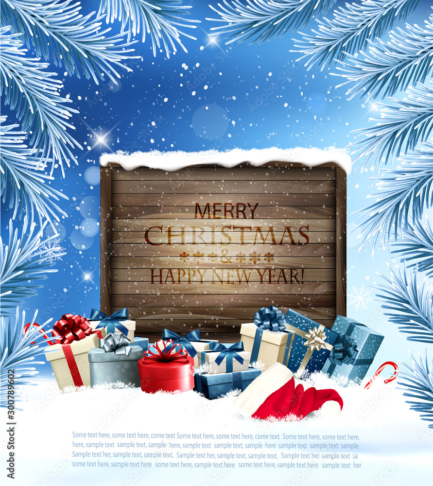 Holiday Christmas background with a gift boxes and wooden desk. Vector. - obrazy, fototapety, plakaty 
