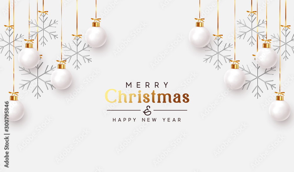 Christmas balls background. Hanging white Xmas decorative bauble, 3d silver metallic snowflakes on the ribbon. Festive vector realistic decor ornaments - obrazy, fototapety, plakaty 