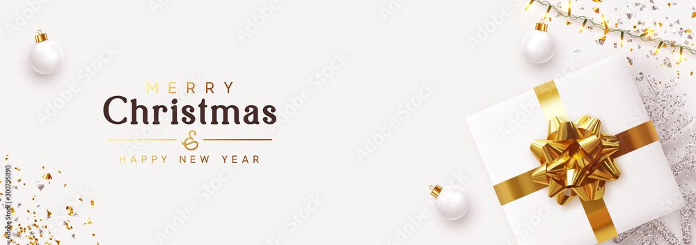 Christmas banner. Background Xmas design of sparkling lights garland, realistic gifts box, white balls and glitter gold confetti. Horizontal christmas poster, greeting cards, headers website - obrazy, fototapety, plakaty 