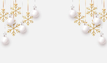 Christmas Balls Background. Hanging White Xmas Decorative Bauble, 3d Golden Metallic Snowflakes On The Ribbon. Festive Vector Realistic Decor Ornaments