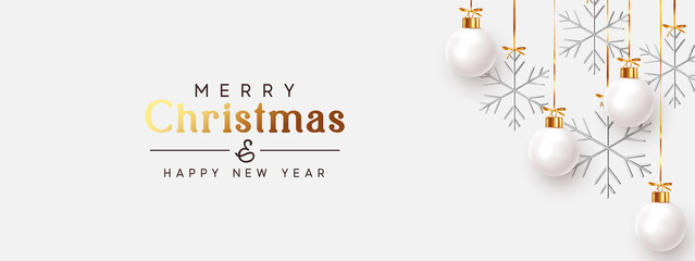 christmas balls background. hanging white xmas decorative bauble, 3d silver metallic snowflakes on t
