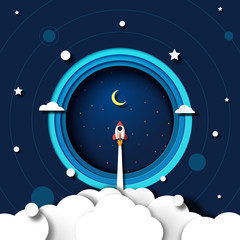 Aufkleber - Paper art of rocket ship launch explore to galaxy outer space template background.Vector illustration.