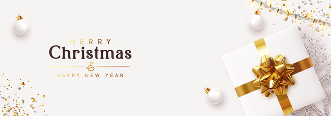 christmas banner. background xmas design of sparkling lights garland, realistic gifts box, white bal