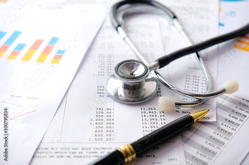 Cuadros en Lienzo Stethoscope with Pen, Charts and Graphs, Finance, Account, Statistics, Investmen