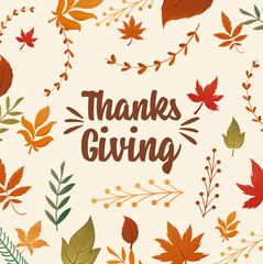 Sticker - card with label happy thanksgiving and autumn leaves