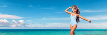 Beach Summer Travel Vacation Banner Panorama Woman In Swimsuit And Sun Hat Over Blue Ocean Sky Copy Space. Luxury Elegant Lady Walking Enjoying Summer. Cruise Background Tourist Holiday Lifestyle.