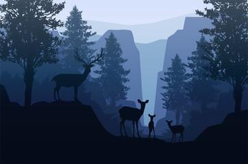 Natural forest mountains horizon trees Landscape wallpaper Sunrise and sunset Herd of deer Illustration vector style Colorful view background