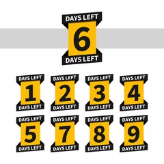 Wall Mural - Countdown banners or badges for landing page. One, two, three, four, five, six, seven, eight, nine of days left to go. Count time sale. Number 1, 2, 3, 4, 5, 6, 7, 8, 9 of days left to go.