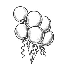 Canvas Print - Balloons Bunch With Curly Ribbon Monochrome Vector. Beautiful Air Balloons Celebrating Birth Anniversary Party Decoration. Engraving Concept Mockup Designed In Vintage Style Monochrome Illustration