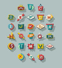Dimensional Retro Style Signs  Alphabet. Letters On Vintage Style Signs. Collection Reminiscent Of 1950s Roadside Signs. 