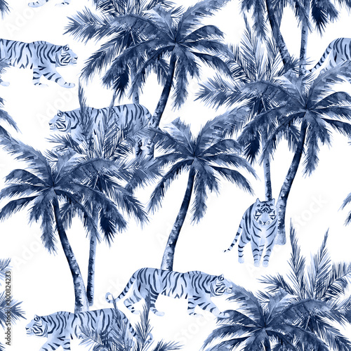 Jungle seamless pattern. Tropical palm trees and tiger. Hand drawn watercolou...
