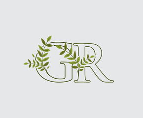 Letter G, R and GR Green Vintage Floral Logo Icon, overlapping monogram logo. Nature Green Leaves Letter Logo Icon.