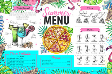 Wall Mural - Hand drawing summer menu design with flamingo and tropic leaves. Restaurant menu