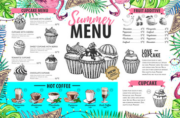 Wall Mural - Hand drawing summer menu design with flamingo and tropic leaves. Restaurant menu