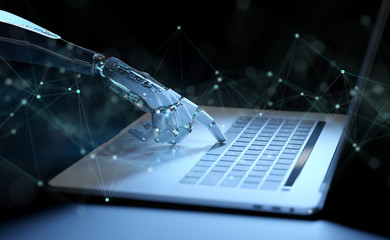 Fototapete - Cyborg hand pressing a keyboard on a laptop 3D rendering